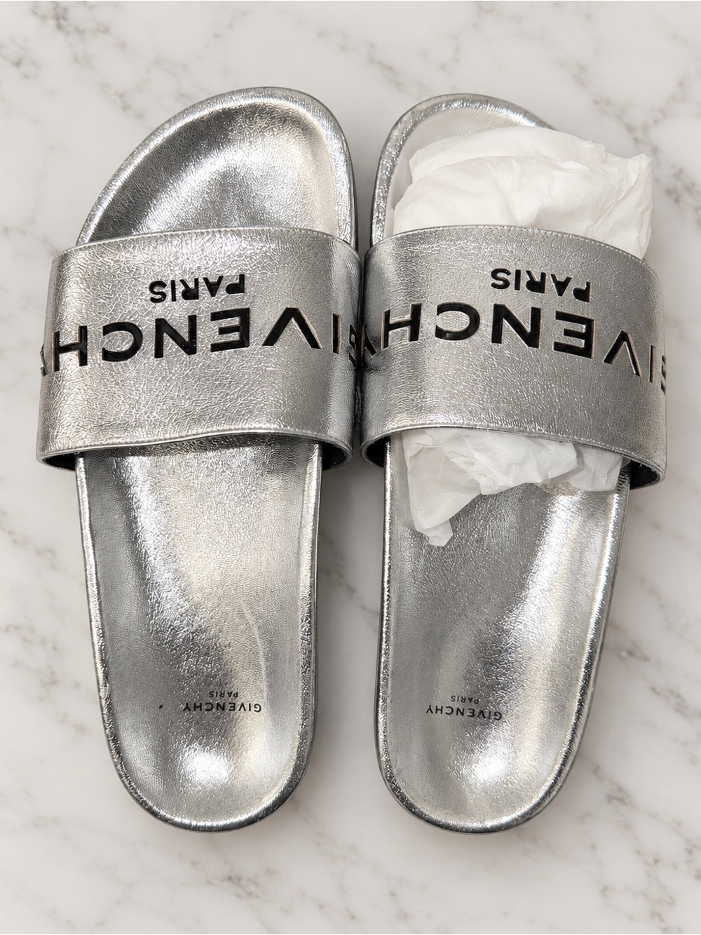 Givenchy Silver Metallic Logo Slide Sandals with Black Lettering